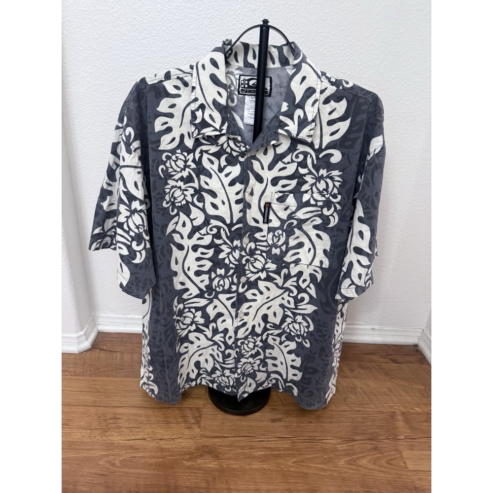 Quiksilver Mens Gray Hawaiian Tropical Floral Button Up Surf Camp Shirt L